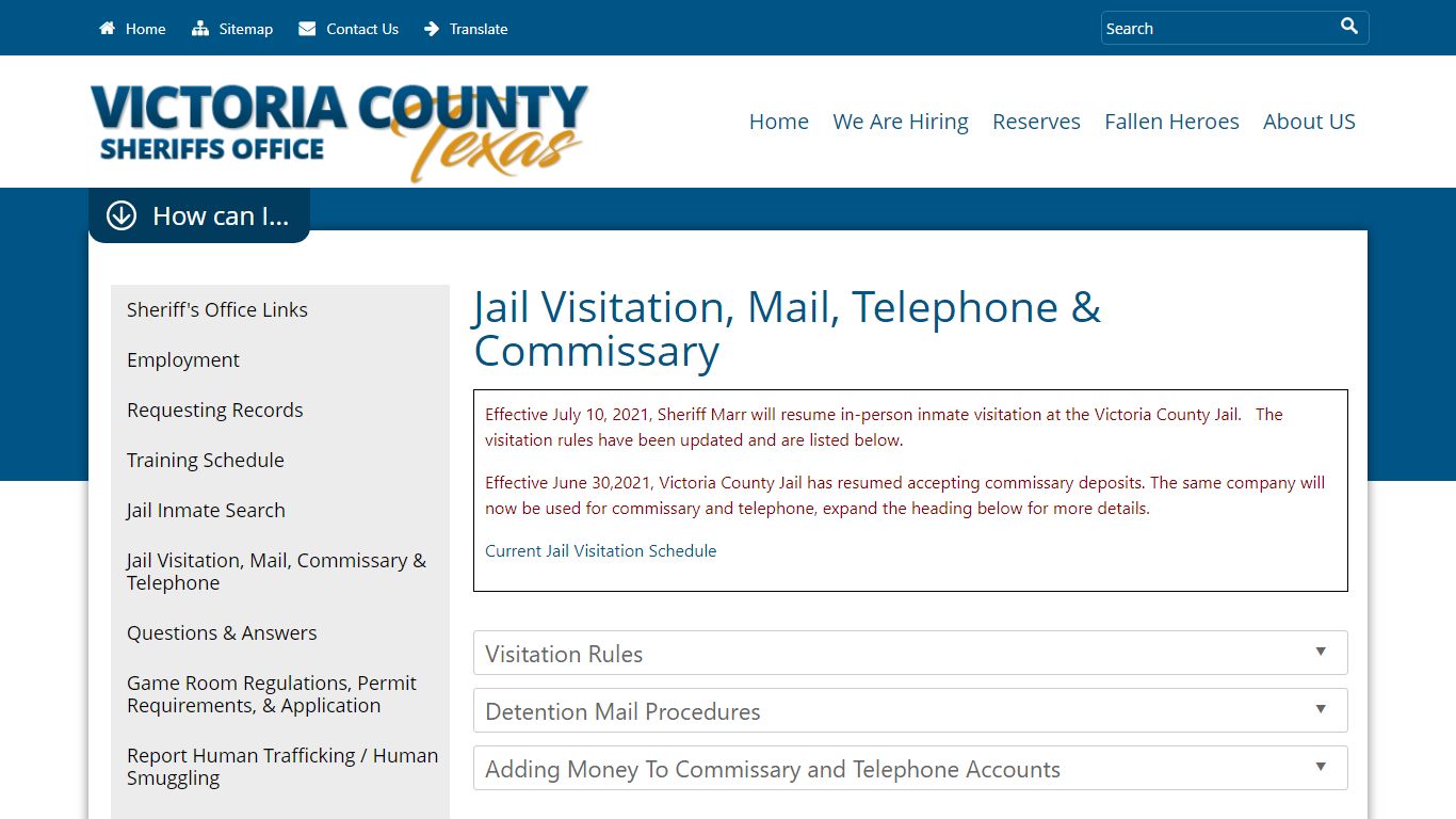 Jail Visitation, Mail, Telephone & Commissary - Victoria County, Texas